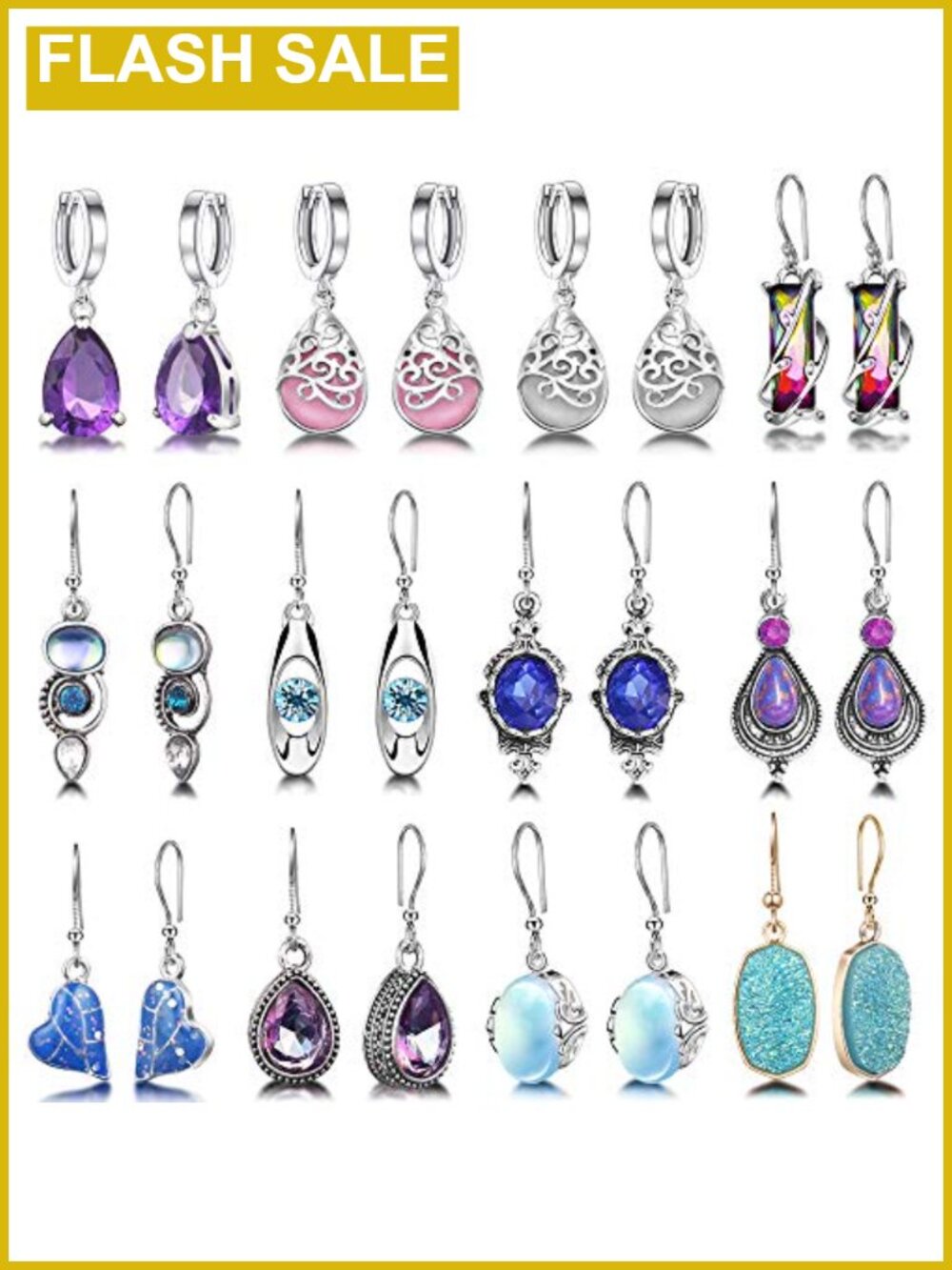 12 Pairs Teardrop Crystal Drop Dangle Earrings Cubic Zirconia Huggie Hoop